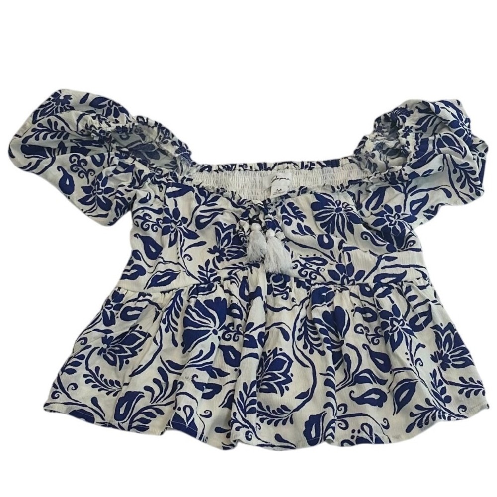 Japna Blue White Floral‎ Damask Off Shoulder Smocked Peplum Tassel Top Womens M